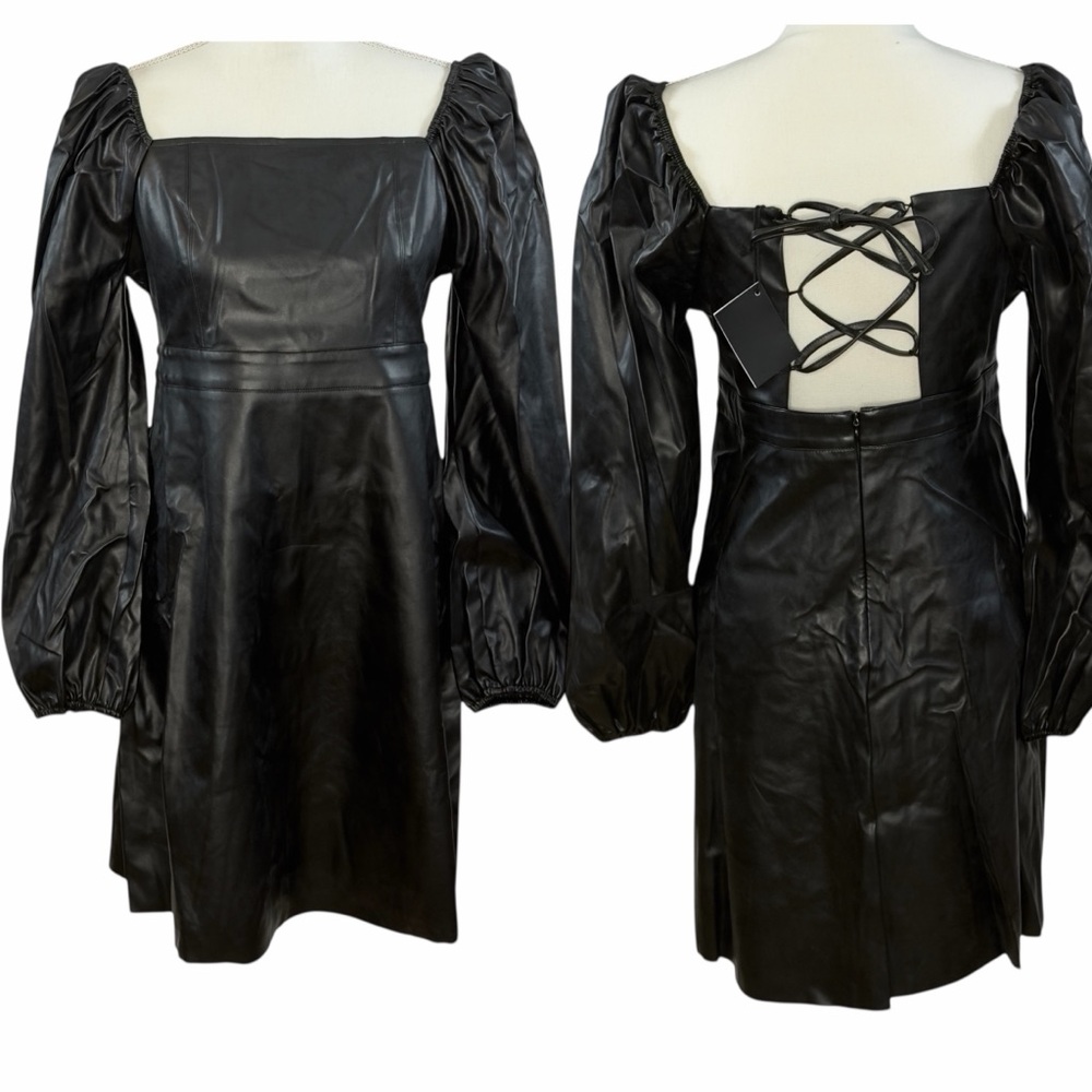 Area Stars Faux Leather Mini Dress Black Long Puff Sleeves Lace Up Square Neck M